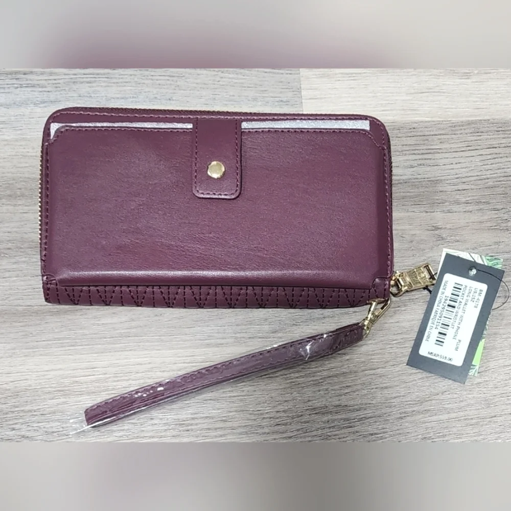 Badgley Mischka Plum Quilted Long Wallet with Phone Pocket and Wristlet -New Tag